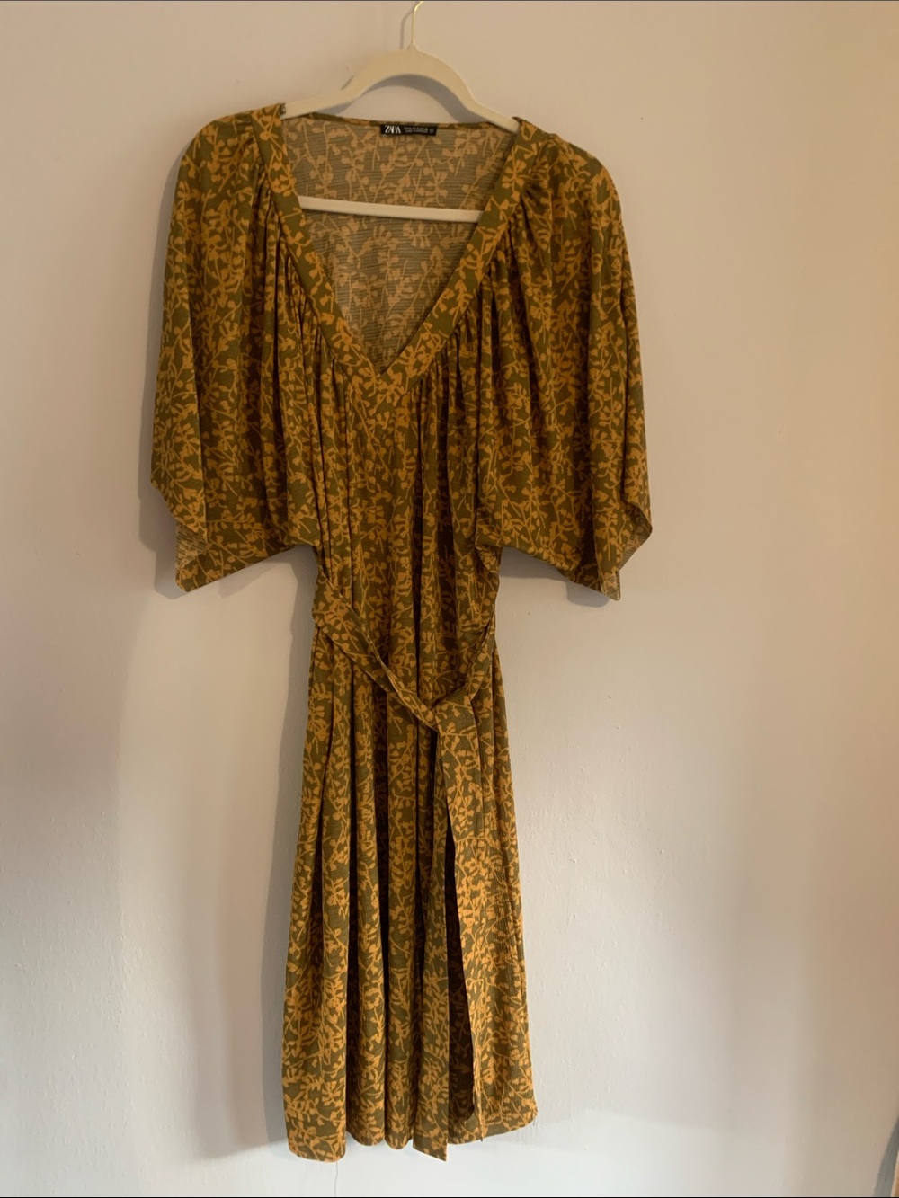 ZARA Mustard Green Floral V-Neck Midi Dress